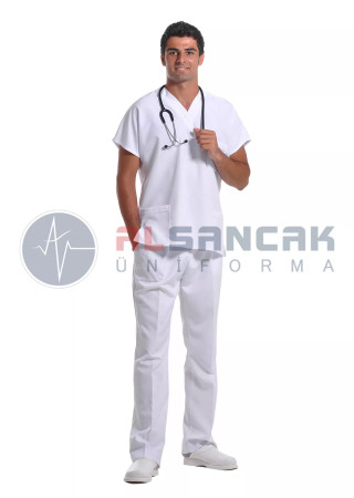 Erkek Yarasa Kol Beyaz Alpaka Doktor ve Hemşire Forma Üstü