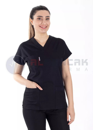 Kadın Siyah Yarasa Kol Alpaka Doktor ve Hemşire Forması Takımı