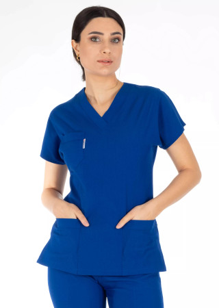 Saks Mavi Likralı Kalın Scrubs Doktor Hemşire Forması Takımı