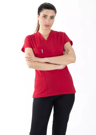 Kırmızı Likralı İnce Scrubs Flex Doktor Hemşire Forması Üstü