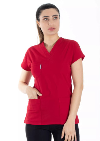Kırmızı Likralı İnce Scrubs Flex Doktor Hemşire Forması Üstü