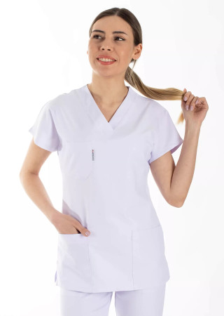 Beyaz Likralı İnce Scrubs Flex Doktor Hemşire Forması Üstü