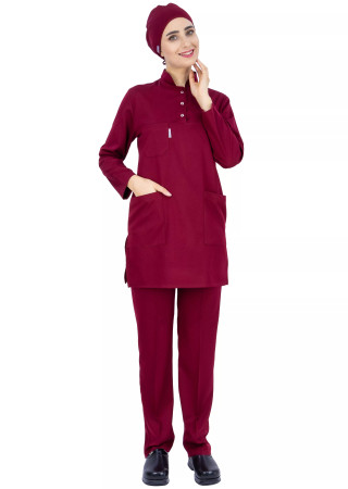 Bordo Likralı Kalın Tesettür Hemşire Doktor Forması Takımı