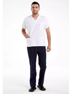 Erkek Beyaz/Lacivert Likralı İnce Scrubs Doktor Hemşire Forması Takımı