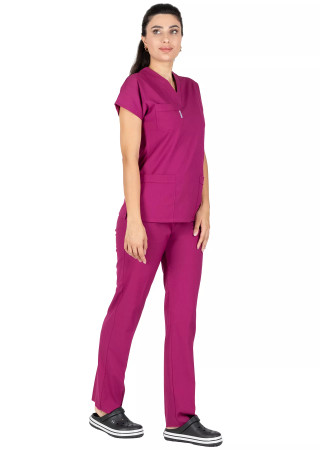 Vişne Likralı İnce Scrubs Flex Doktor Hemşire Forması Takımı