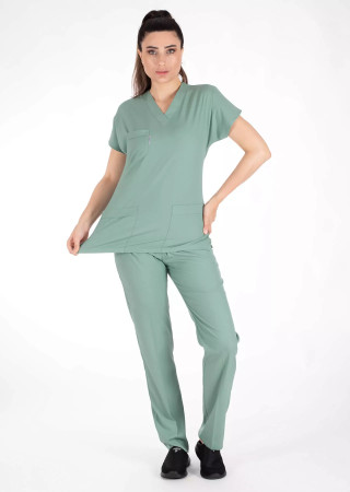 Çağla Yeşili Likralı Kalın Scrubs Flex Doktor Hemşire Forması Takımı