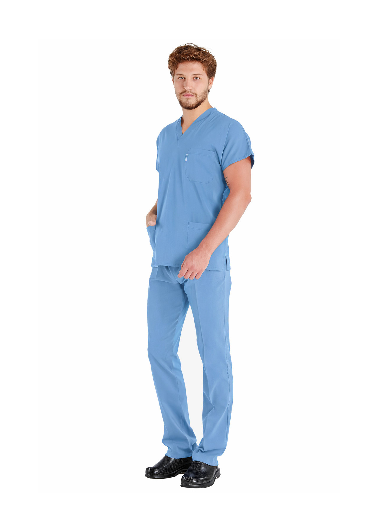 Erkek Alaskan Blue Likralı İnce Scrubs Doktor Forması Takımı Önden Çekim