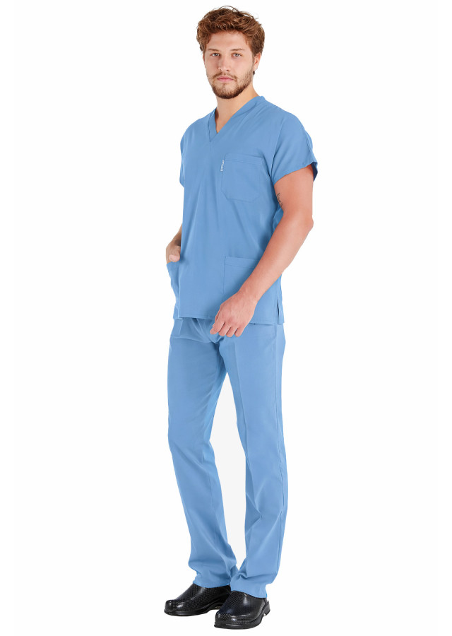 Erkek Alaskan Blue Likralı İnce Scrubs Doktor Forması Takımı Önden Çekim