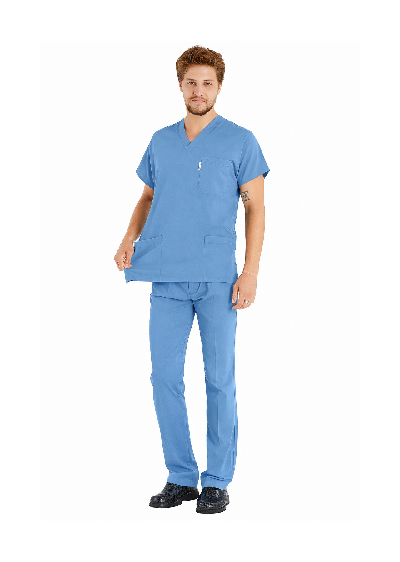 Erkek Alaskan Blue Likralı İnce Scrubs Doktor Forması Takımı Esnek Çekim
