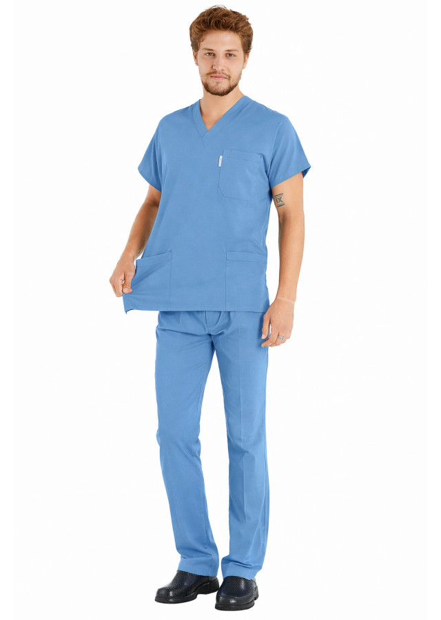 Erkek Alaskan Blue Likralı İnce Scrubs Doktor Forması Takımı Esnek Çekim