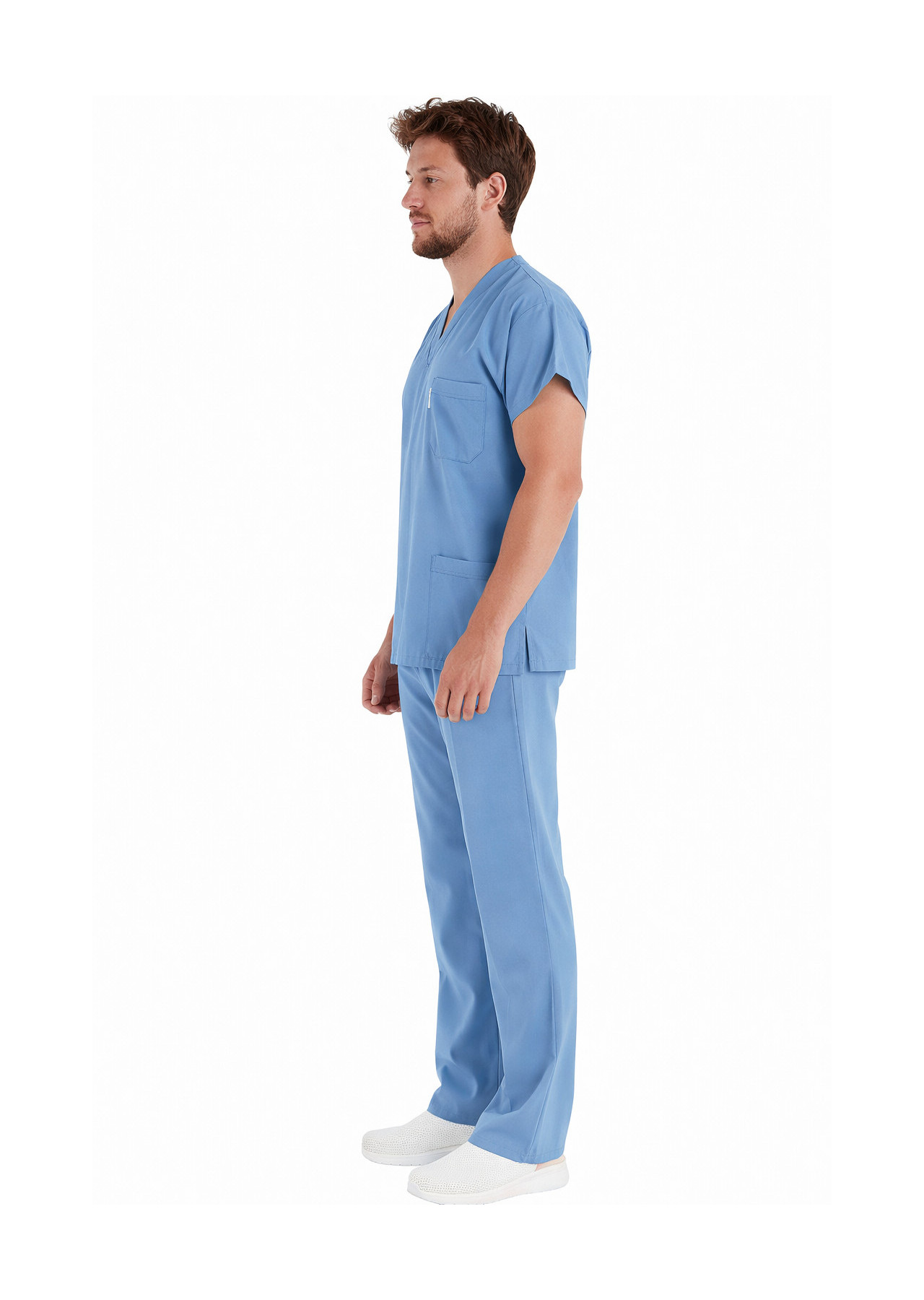Erkek Alaskan Blue Likralı İnce Scrubs Doktor Forması Takımı Yandan Çekim