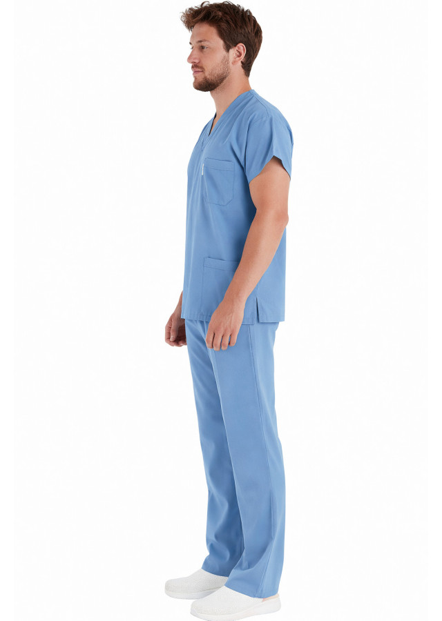 Erkek Alaskan Blue Likralı İnce Scrubs Doktor Forması Takımı Yandan Çekim