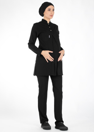 Siyah Hamile Tesettür Hemşire & Doktor Forması Takımı | Likralı & Rahat 2