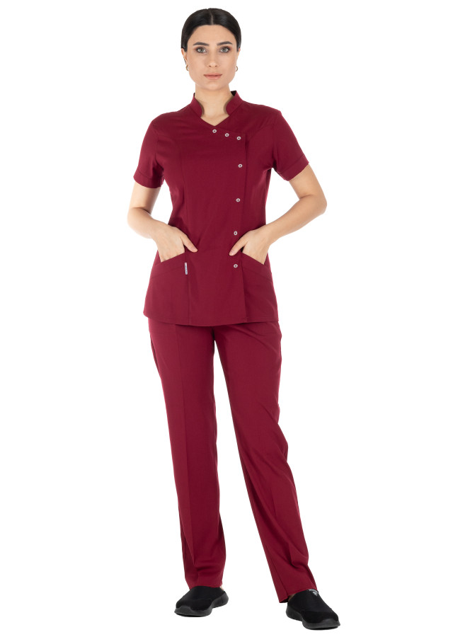 Luxe Flex Bordo Likralı Hemşire ve Doktor Forması Takımı