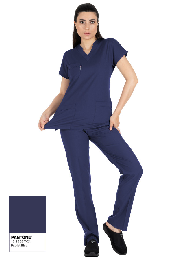 Patriot Blue Likralı İnce Scrubs Flex Doktor Hemşire Forması Takımı Esnek Poz