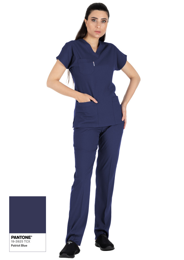 Patriot Blue Likralı İnce Scrubs Flex Doktor Hemşire Forması Takımı Cepli Poz