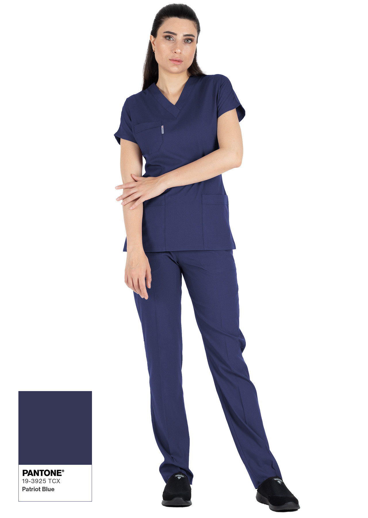Patriot Blue Likralı İnce Scrubs Flex Doktor Hemşire Forması Takımı Boy Poz