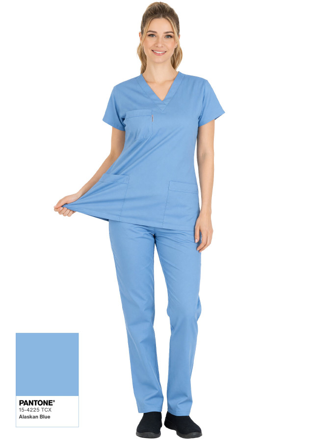 Alaskan Blue Likralı İnce Scrubs Flex Doktor Hemşire Forması Takımı Yakın Poz 2