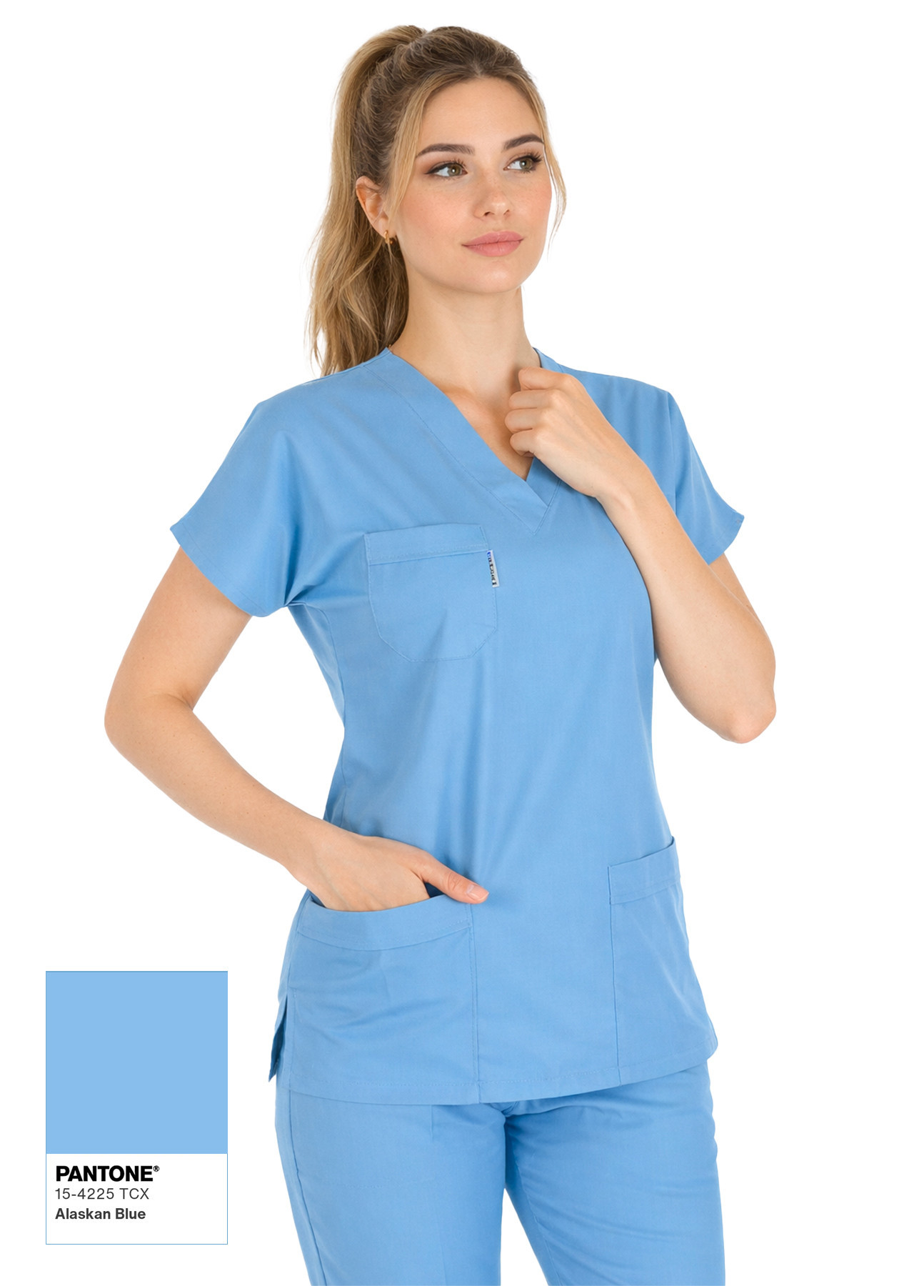 Alaskan Blue Likralı İnce Scrubs Flex Doktor Hemşire Forması Takımı Yakından Çekim