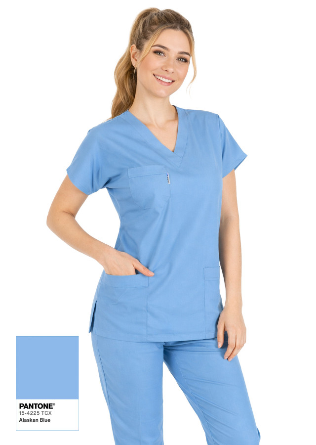 Alaskan Blue Likralı İnce Scrubs Flex Doktor Hemşire Forması Takımı Yakın Poz