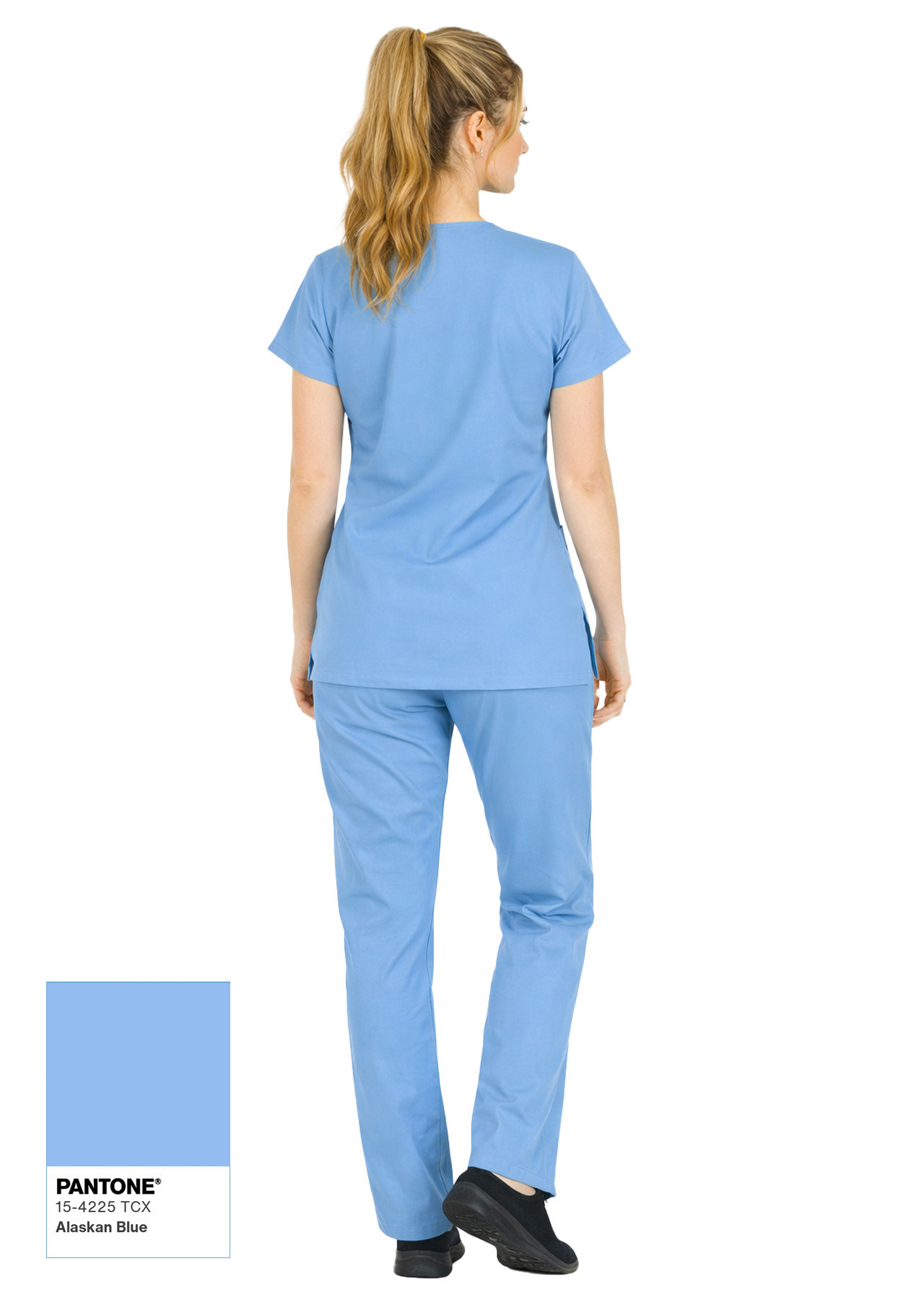 Alaskan Blue Likralı İnce Scrubs Flex Doktor Hemşire Forması Takımı Arkadan Çekim