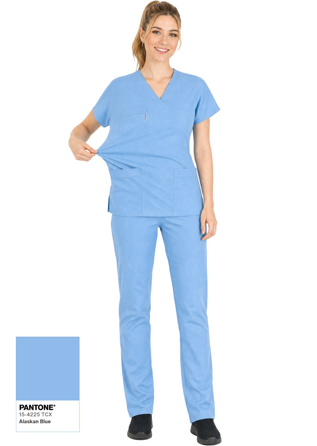 Alaskan Blue Likralı İnce Scrubs Flex Doktor Hemşire Forması Takımı Esnek Poz