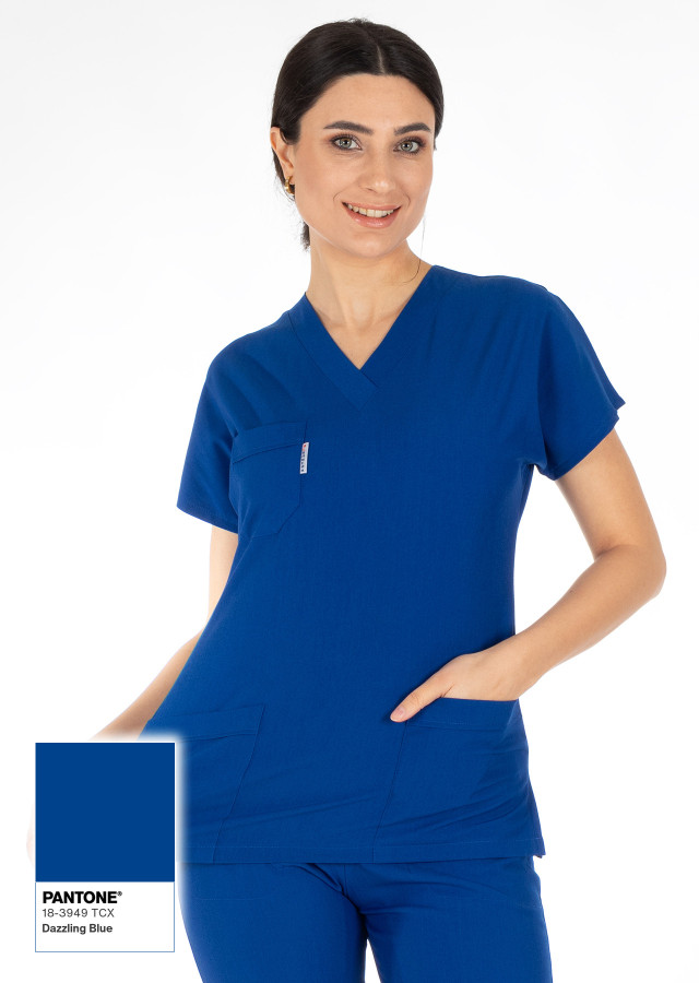 Saks Mavi Likralı İnce Scrubs Flex Doktor Hemşire Forması Takımı Yakın Poz