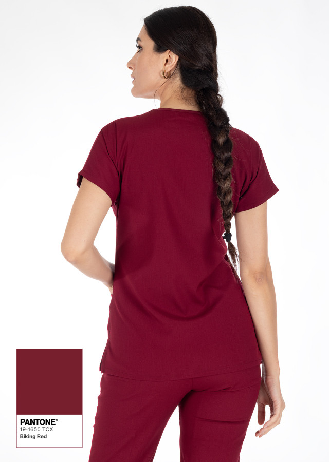 Bordo Likralı İnce Scrubs Flex Doktor Hemşire Forması Takımı Arka Yakın Çekim
