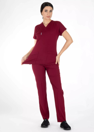 Bordo Likralı İnce Scrubs Flex Doktor Hemşire Forması Takımı