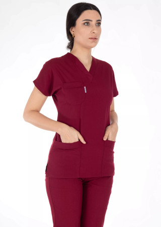 Bordo Likralı İnce Scrubs Flex Doktor Hemşire Forması Takımı