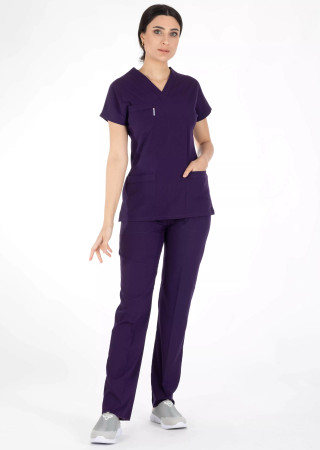 Koyu Mor Likralı İnce Scrubs Flex Doktor Hemşire Forması Takımı