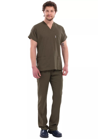 Erkek Haki Likralı İnce Scrubs Doktor Forması Takımı
