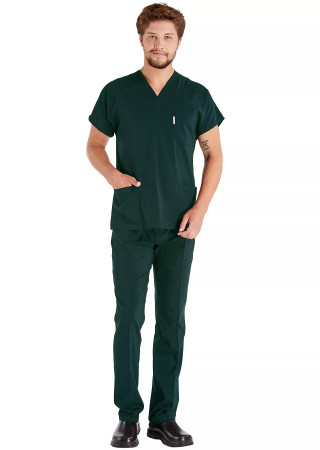 Erkek Ördekbaşı Yeşili Likralı İnce Scrubs Doktor Forması Takımı