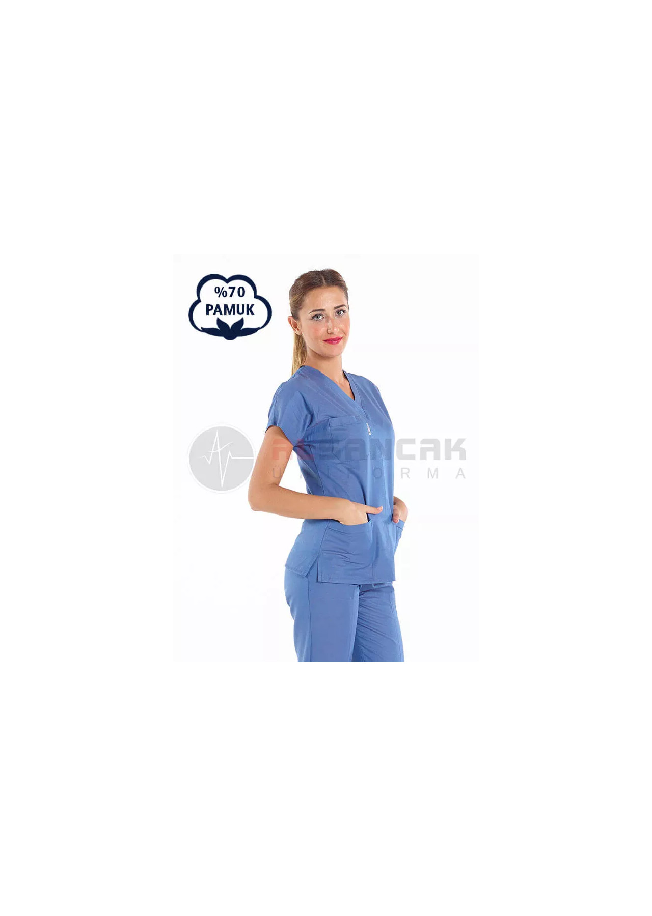 Kadın Fırtına Mavi Pamuklu Scrubs Doktor ve Hemşire Forması