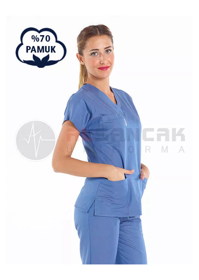 Kadın Fırtına Mavi Pamuklu Scrubs Doktor ve Hemşire Forması