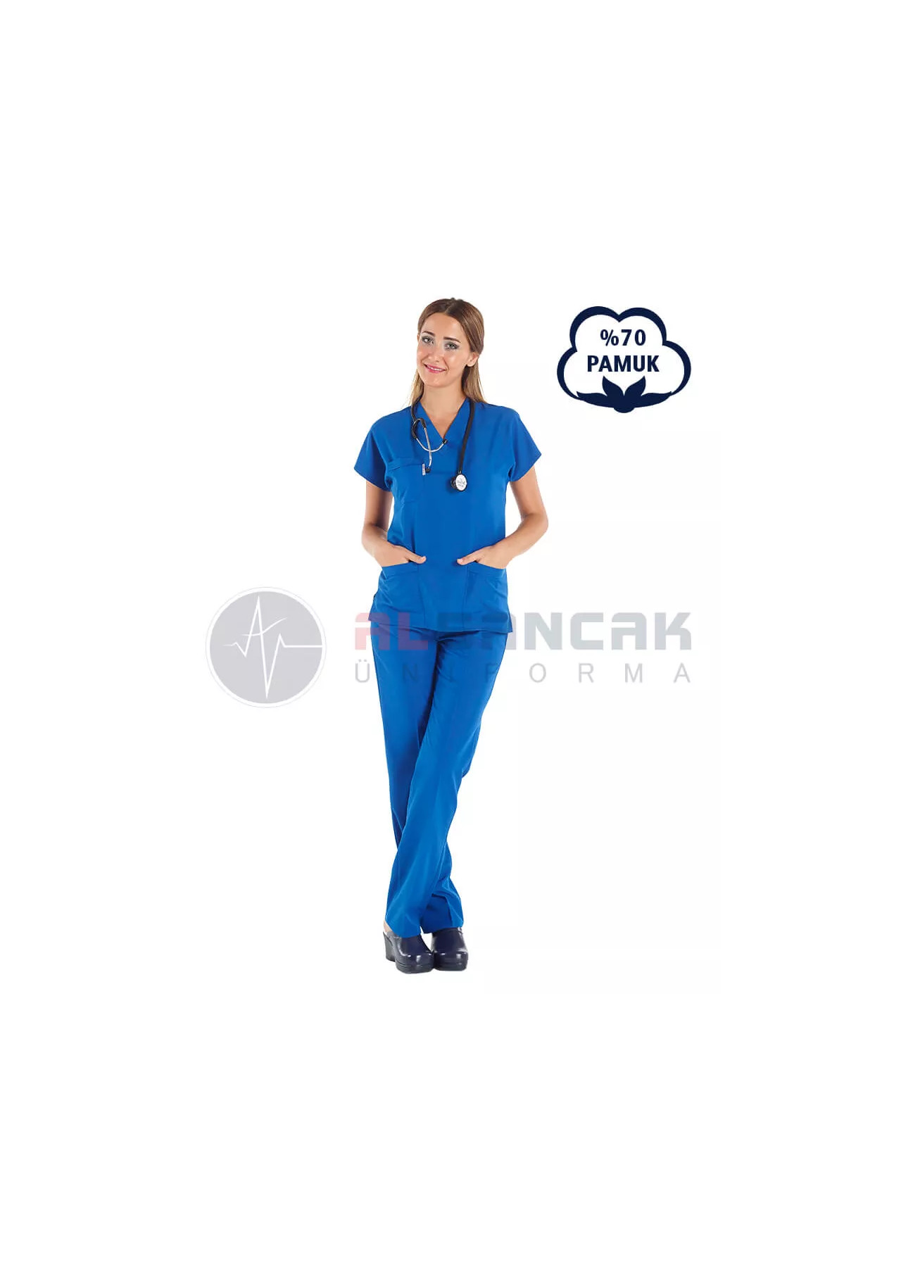Saks Mavi Pamuklu Scrubs Doktor ve Hemşire Forması