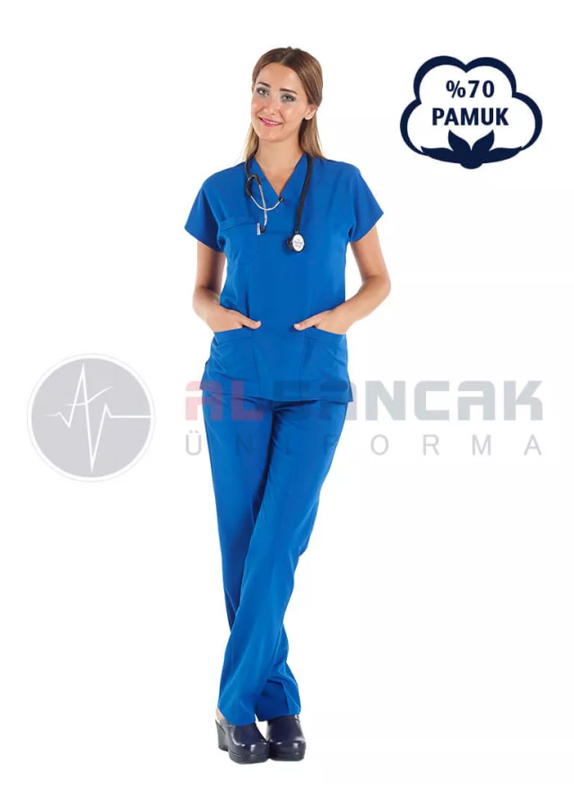 Saks Mavi Pamuklu Scrubs Doktor ve Hemşire Forması