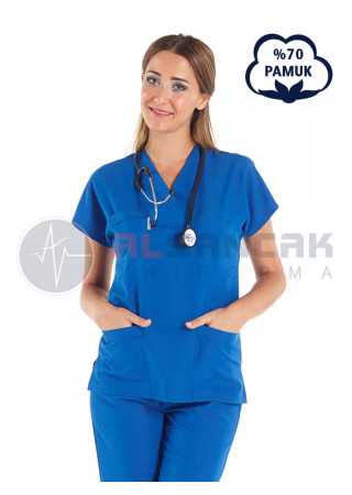 Saks Mavi Pamuklu Scrubs Doktor ve Hemşire Forması