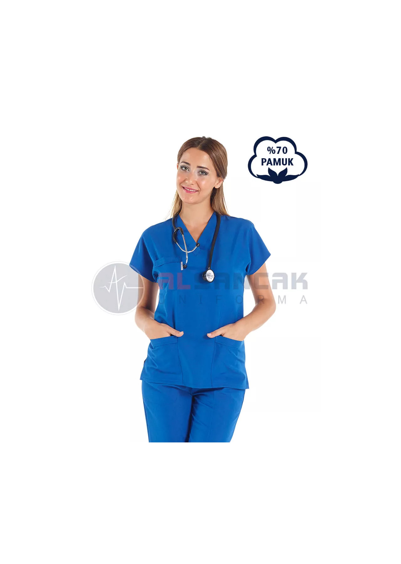Saks Mavi Pamuklu Scrubs Doktor ve Hemşire Forması