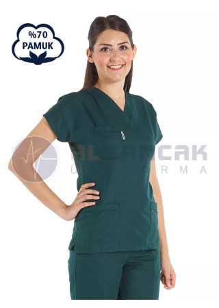 Ördekbaşı Yeşili Pamuklu Scrubs Doktor ve Hemşire Forması