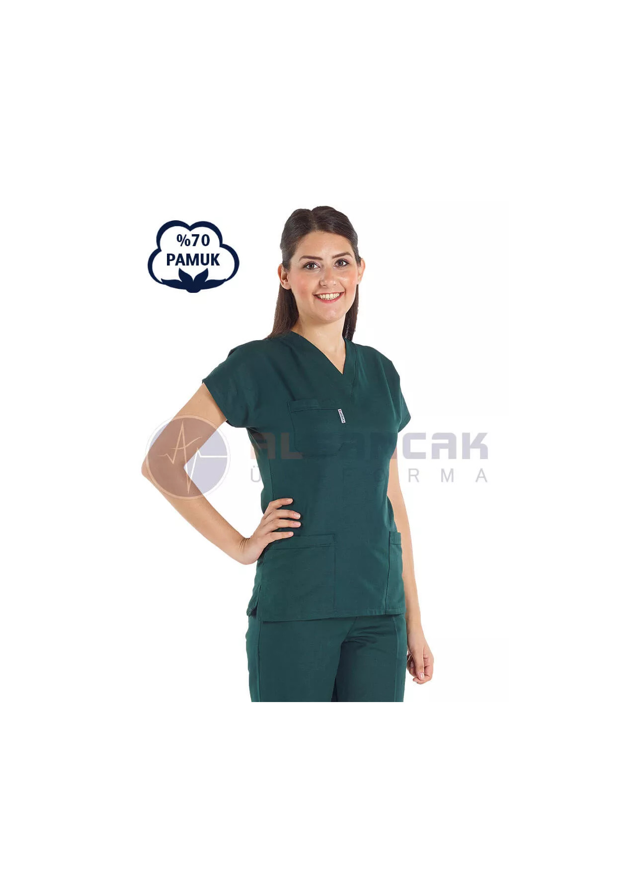 Ördekbaşı Yeşili Pamuklu Scrubs Doktor ve Hemşire Forması