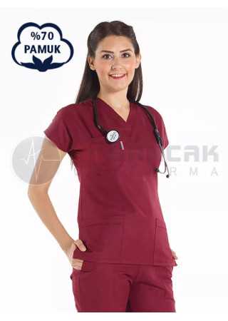 Bordo Pamuklu Scrubs Doktor Forması ve Hemşire Forması