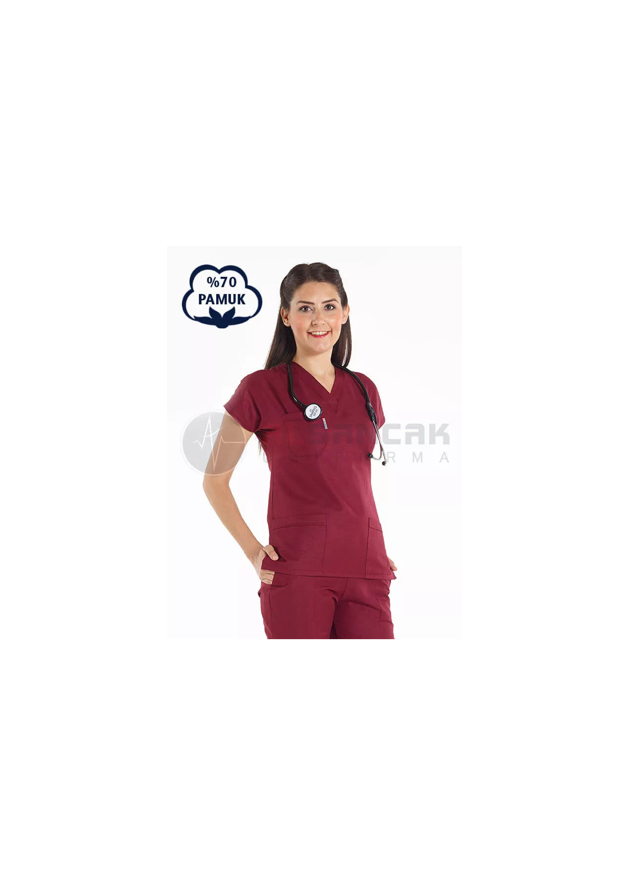 Bordo Pamuklu Scrubs Doktor Forması ve Hemşire Forması