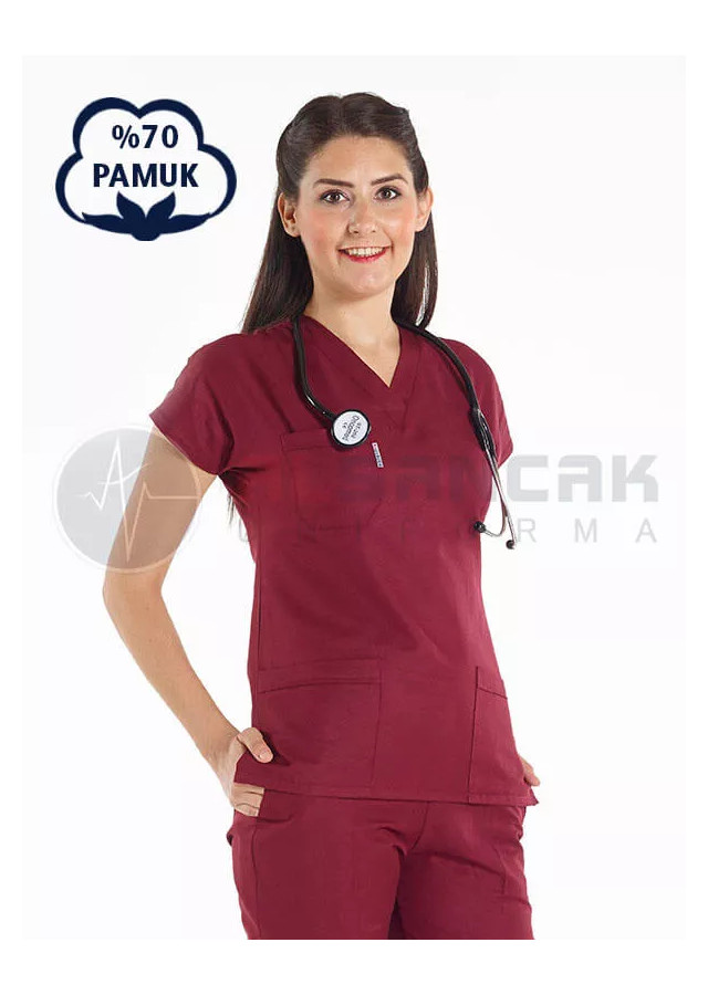 Bordo Pamuklu Scrubs Doktor Forması ve Hemşire Forması