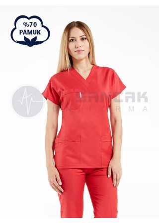Kırmızı Pamuklu Scrubs Doktor ve Hemşire Forması