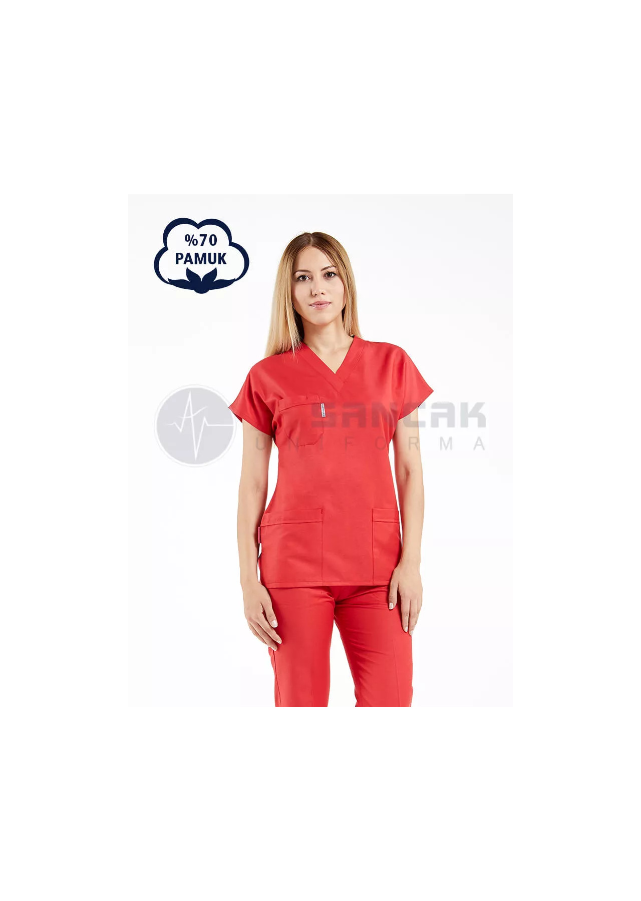 Kırmızı Pamuklu Scrubs Doktor ve Hemşire Forması