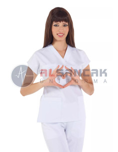 Kadın Beyaz Yarasa Kol Alpaka Doktor ve Hemşire Forması Takımı 2