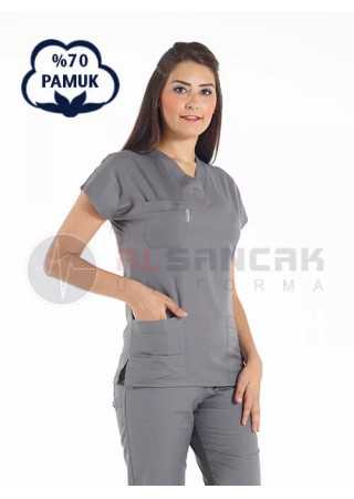 Gri Pamuklu Scrubs Doktor ve Hemşire Forması