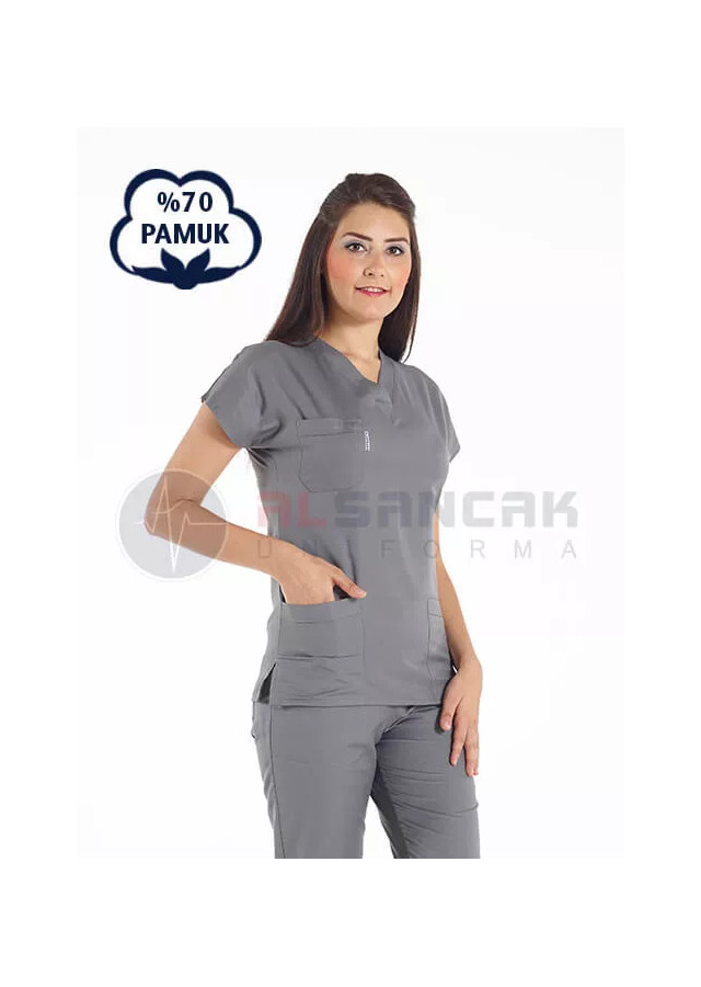 Gri Pamuklu Scrubs Doktor ve Hemşire Forması