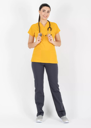 Hardal/Antrasit Likralı İnce Scrubs Flex Doktor Hemşire Forması Takımı